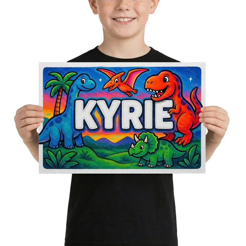 Kyrie Name Art - Dinosaur Adventure personalized wall print for kids