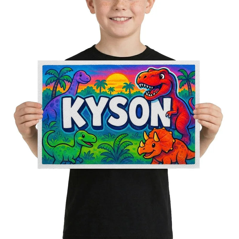 Kyson Name Art - Dinosaur Adventure personalized wall print for kids