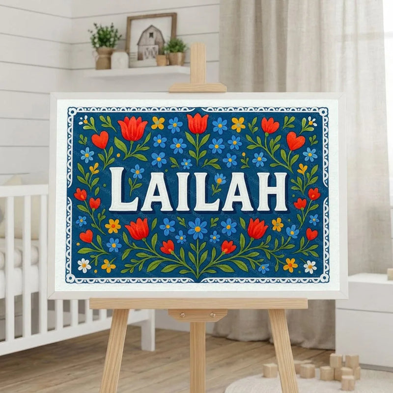 Lailah Name Art - Floral Farmhouse personalized wall print for kids
