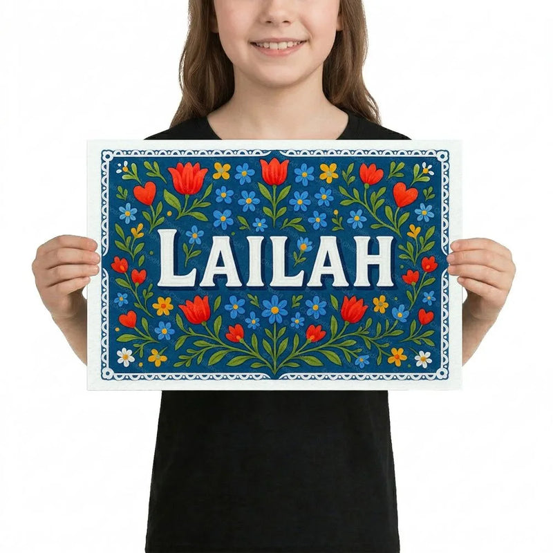 Lailah Name Art - Floral Farmhouse personalized wall print for kids