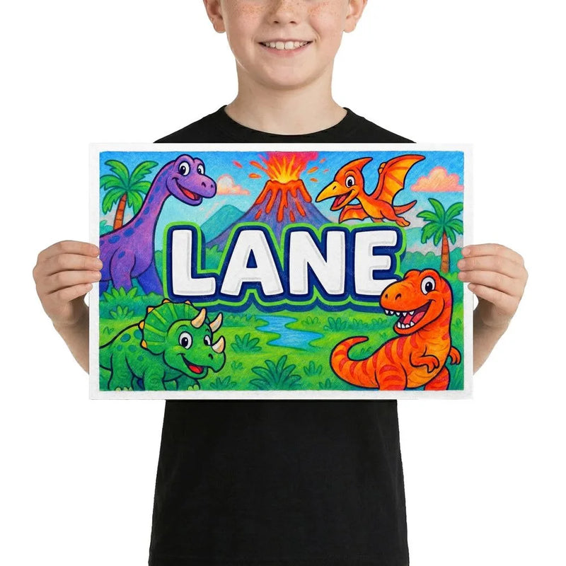 Lane Name Art - Dinosaur Adventure personalized wall print for kids