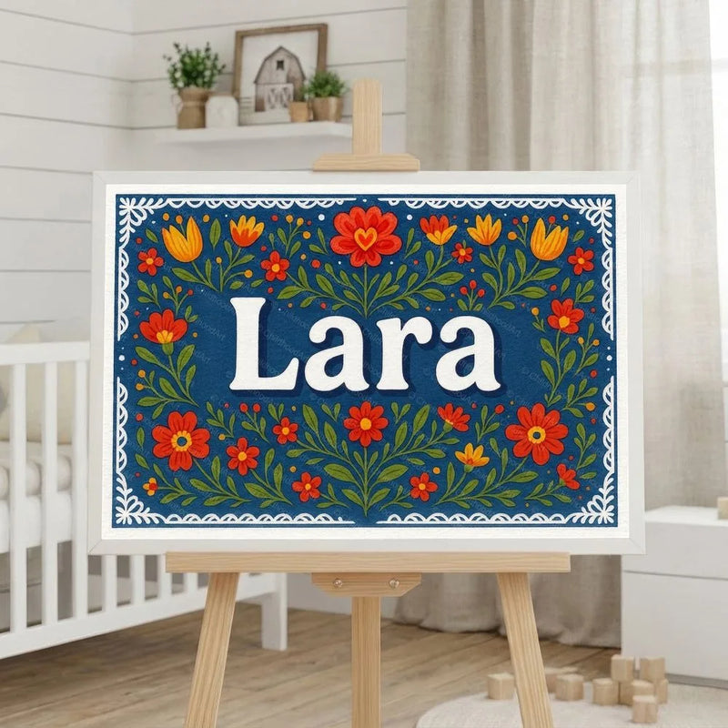 Lara Name Art - Floral Farmhouse personalized wall print for kids