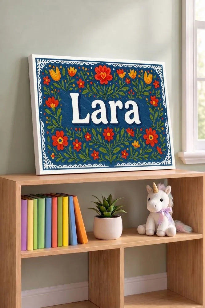 Lara Name Art - Floral Farmhouse personalized wall print for kids