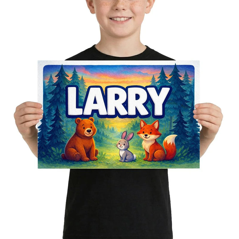 Larry Name Art - Forest Friends personalized wall print for kids