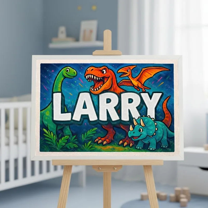 Larry Name Art - Dinosaur Adventure personalized wall print for kids