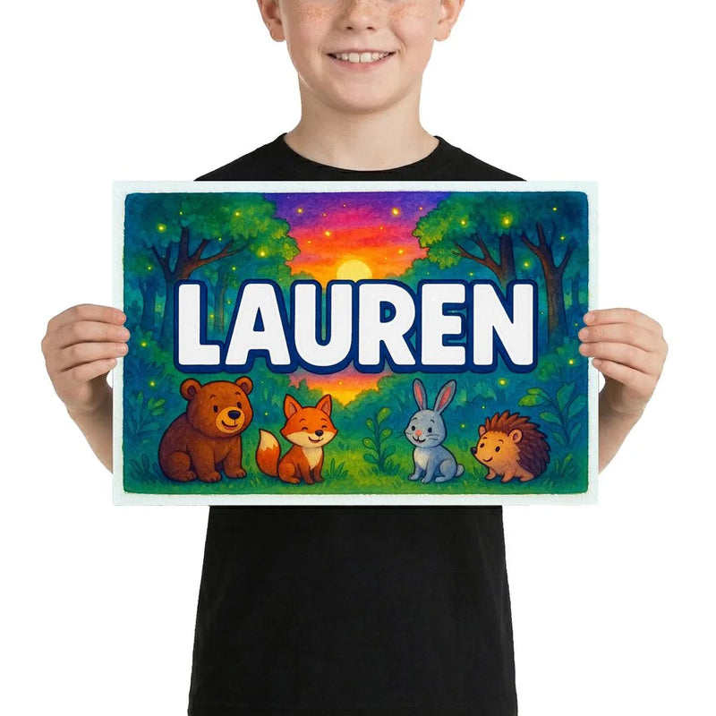 Lauren Name Art - Forest Friends personalized wall print for kids
