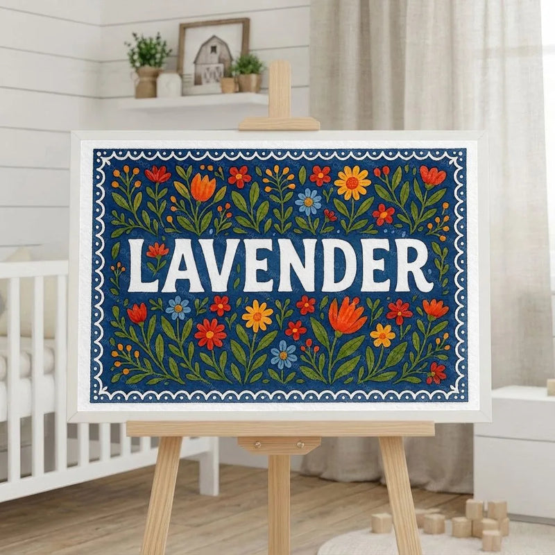 Lavender Name Art - Floral Farmhouse personalized wall print for kids