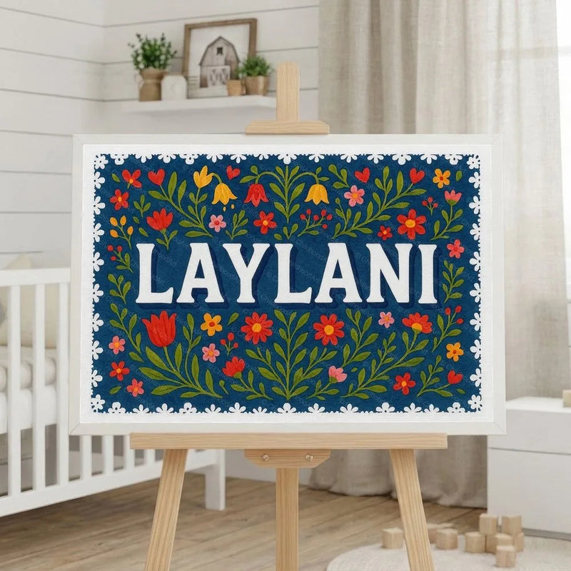 Laylani Name Art - Floral Farmhouse personalized wall print for kids