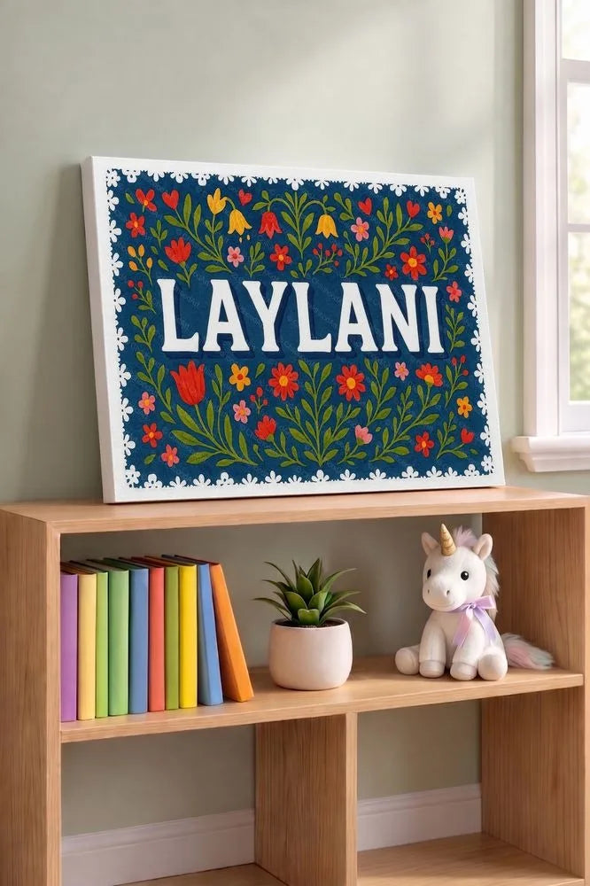 Laylani Name Art - Floral Farmhouse personalized wall print for kids