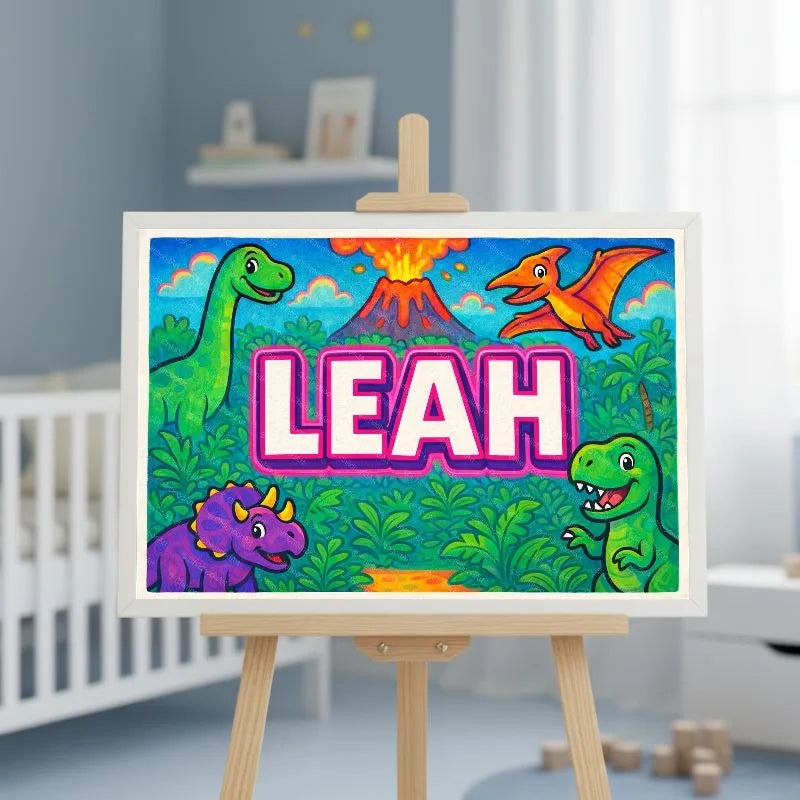 Leah Name Art - Dinosaur Adventure personalized wall print for kids