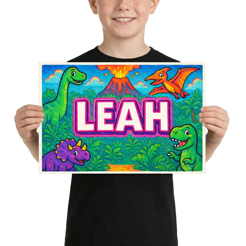 Leah Name Art - Dinosaur Adventure personalized wall print for kids
