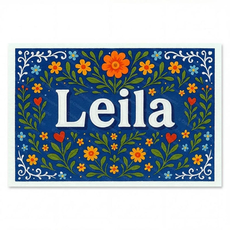 Leila Name Art - Floral Farmhouse personalized wall print for kids