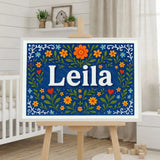 Leila Name Art - Floral Farmhouse personalized wall print for kids