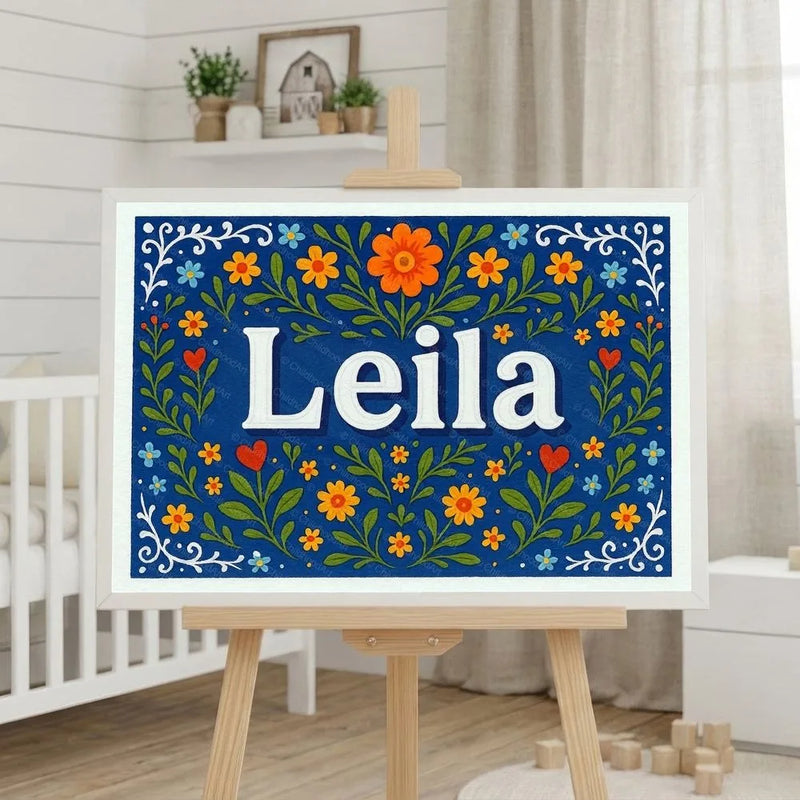Leila Name Art - Floral Farmhouse personalized wall print for kids