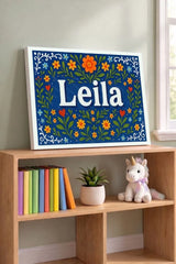 Leila Name Art - Floral Farmhouse personalized wall print for kids