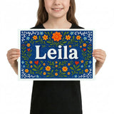 Leila Name Art - Floral Farmhouse personalized wall print for kids