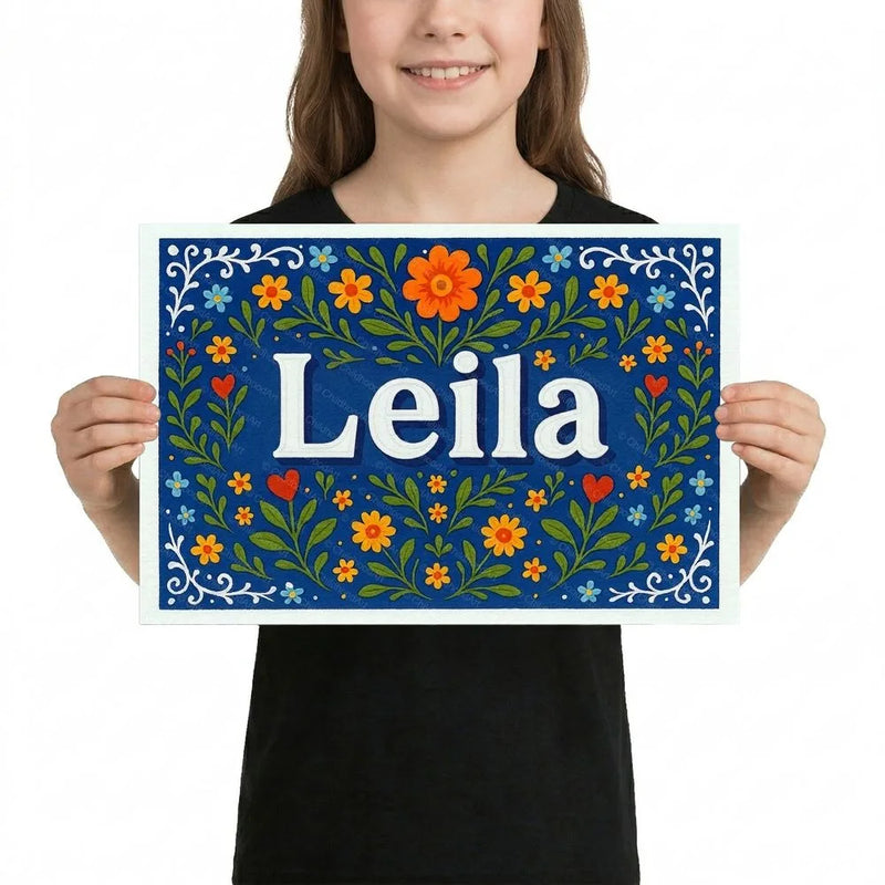 Leila Name Art - Floral Farmhouse personalized wall print for kids