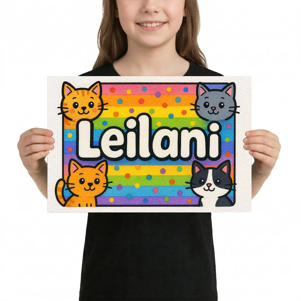 Leilani Name Art - Colorful Cats Personalized Wall Art