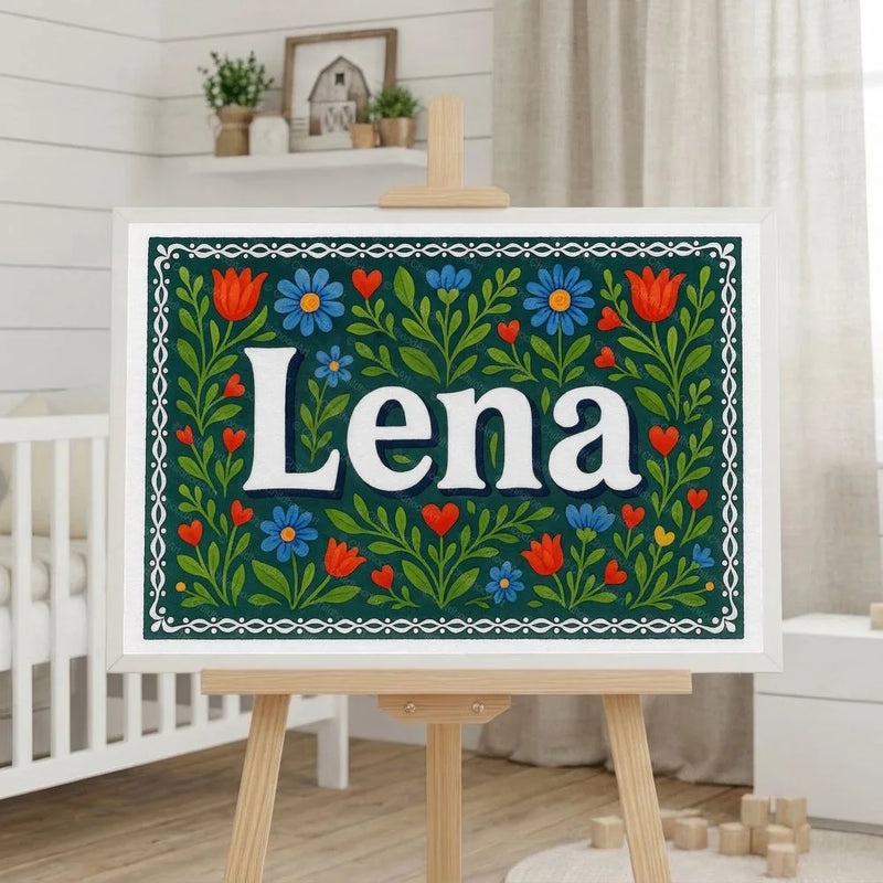 Lena Name Art - Floral Farmhouse personalized wall print for kids