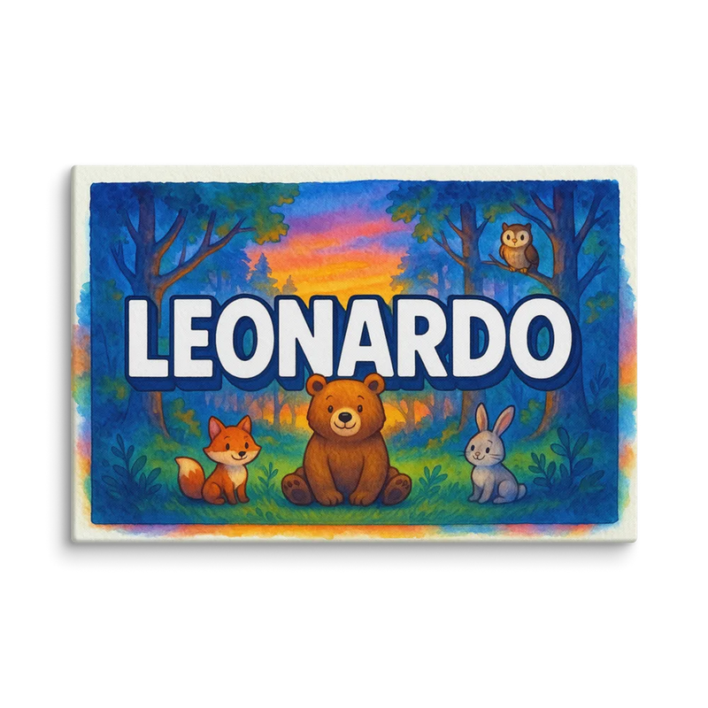 Leonardo Name Art - Forest Friends personalized wall print for kids