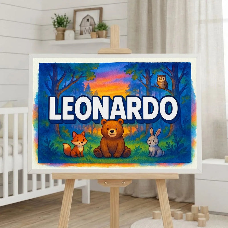 Leonardo Name Art - Forest Friends personalized wall print for kids
