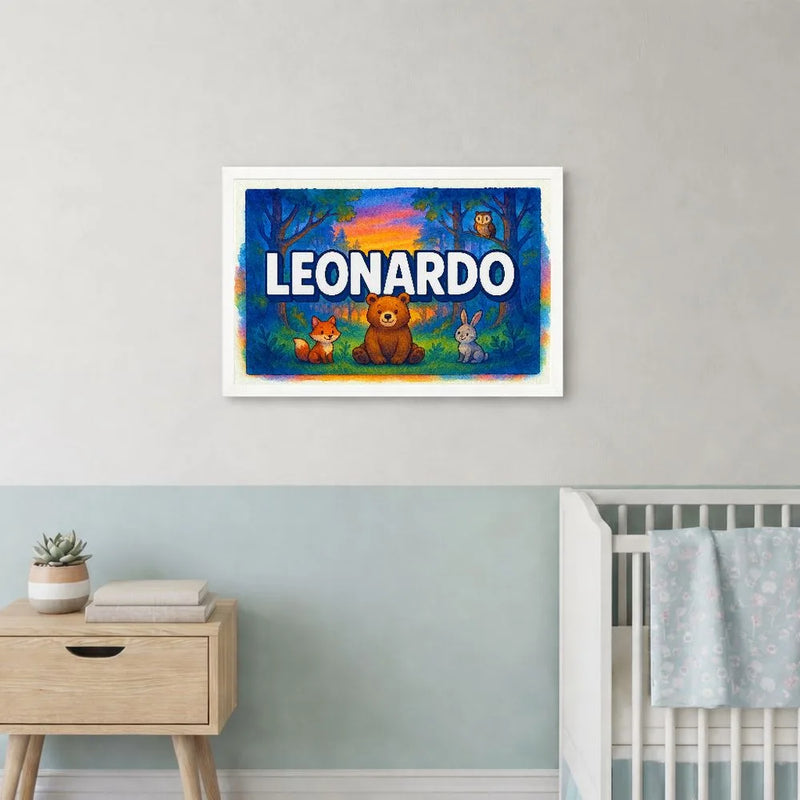 Leonardo Name Art - Forest Friends personalized wall print for kids