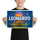 Leonardo Name Art - Forest Friends personalized wall print for kids