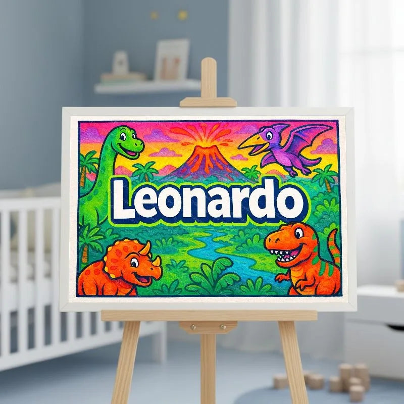 Leonardo Name Art - Dinosaur Adventure personalized wall print for kids