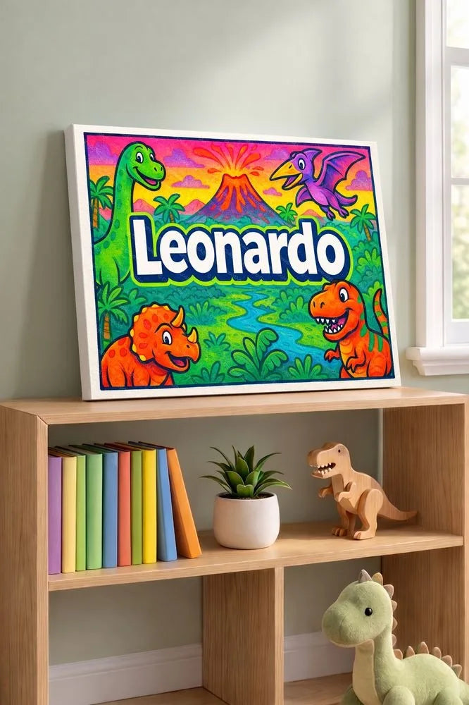 Leonardo Name Art - Dinosaur Adventure personalized wall print for kids
