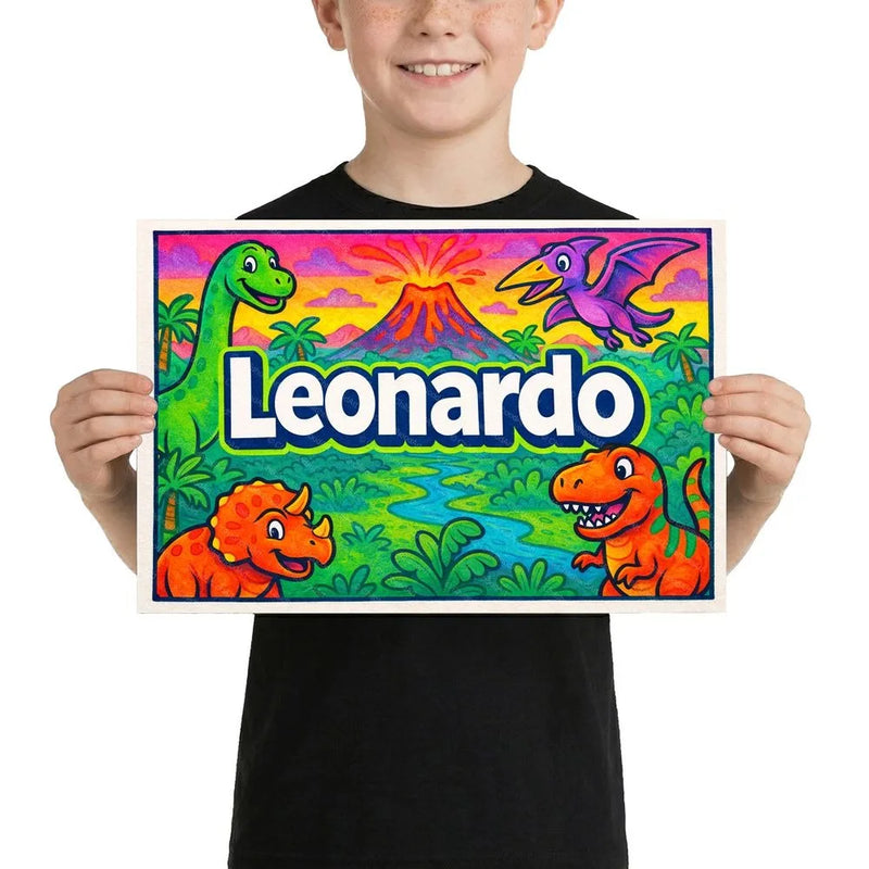 Leonardo Name Art - Dinosaur Adventure personalized wall print for kids