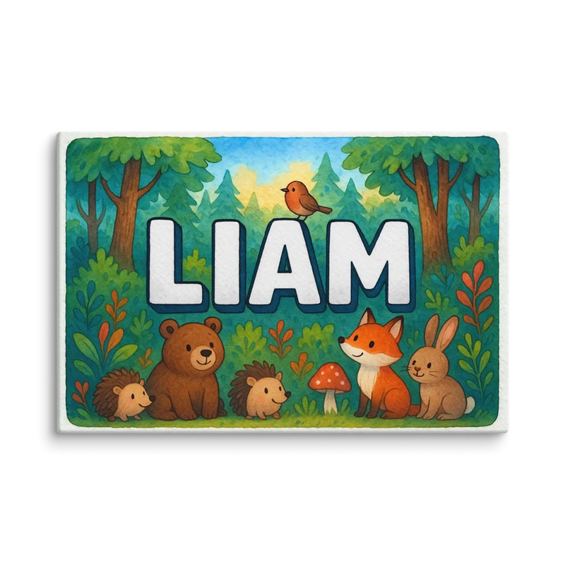 Liam Name Art - Forest Friends personalized wall print for kids