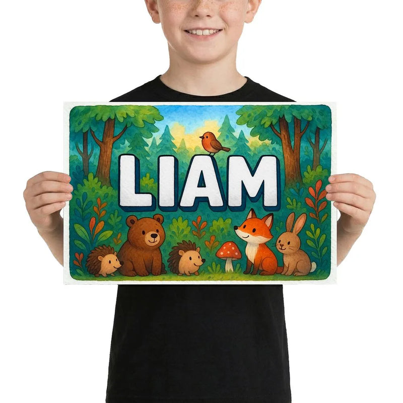Liam Name Art - Forest Friends personalized wall print for kids