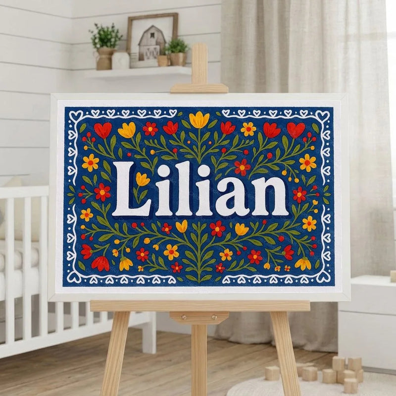 Lilian Name Art - Floral Farmhouse personalized wall print for kids