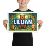 Lillian Name Art - Forest Friends personalized wall print for kids