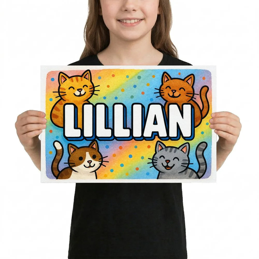 Lillian Name Art - Colorful Cats Personalized Wall Art