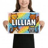 Lillian Name Art - Colorful Cats personalized wall print for kids