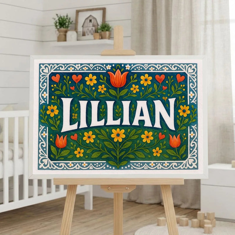 Lillian Name Art - Floral Farmhouse personalized wall print for kids
