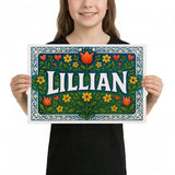 Lillian Name Art - Floral Farmhouse personalized wall print for kids