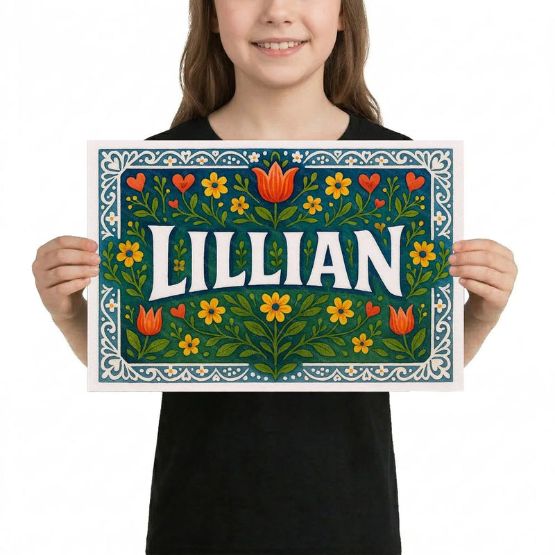 Lillian Name Art - Floral Farmhouse personalized wall print for kids