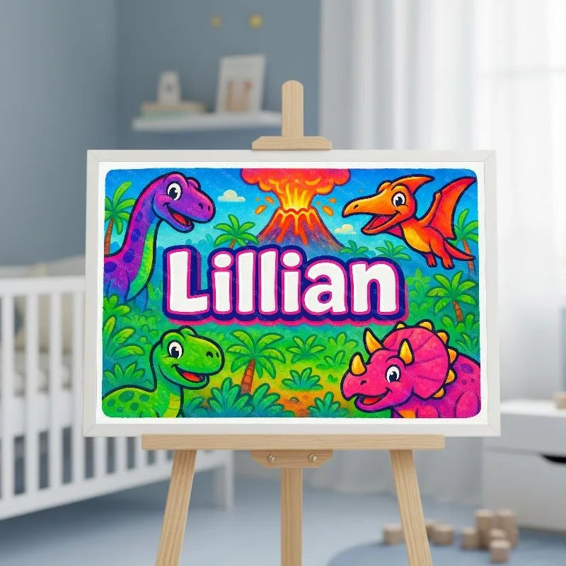 Lillian Name Art - Dinosaur Adventure personalized wall print for kids
