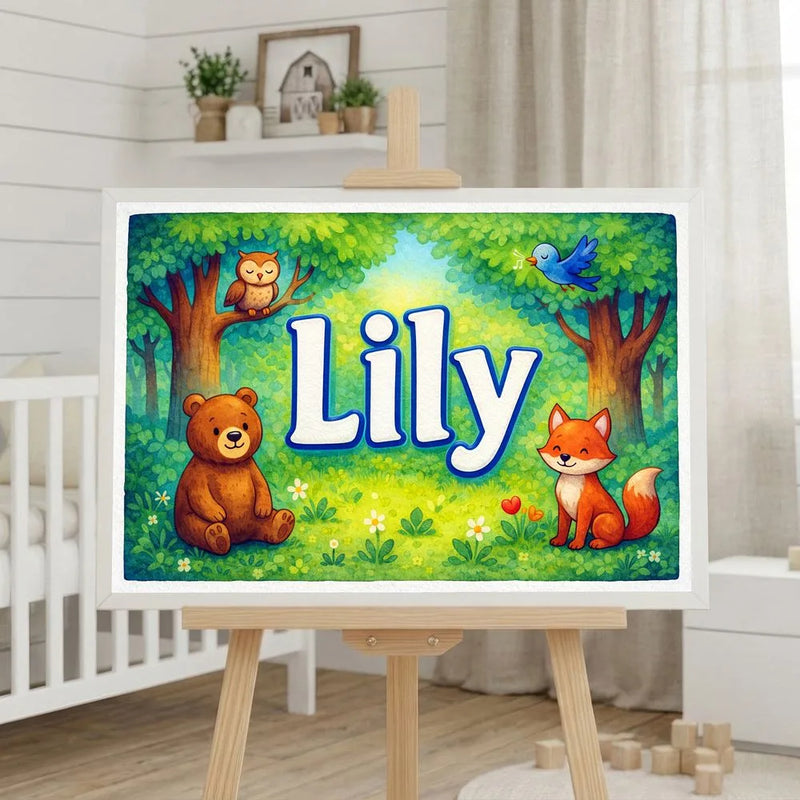 Lily Name Art - Forest Friends personalized wall print for kids
