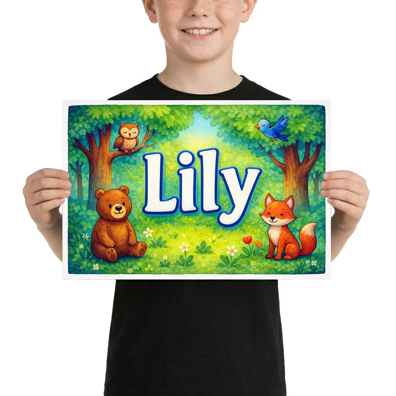 Lily Name Art - Forest Friends personalized wall print for kids