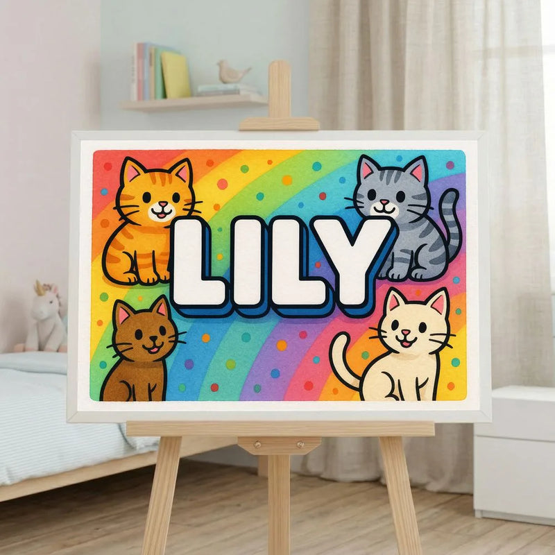 Lily Name Art - Colorful Cats personalized wall print for kids