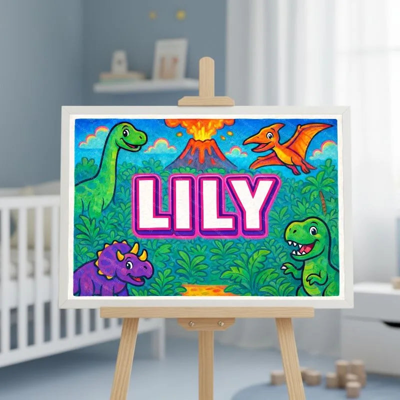 Lily Name Art - Dinosaur Adventure personalized wall print for kids