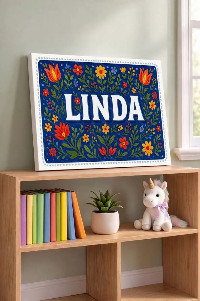Linda Name Art - Floral Farmhouse personalized wall print for kids