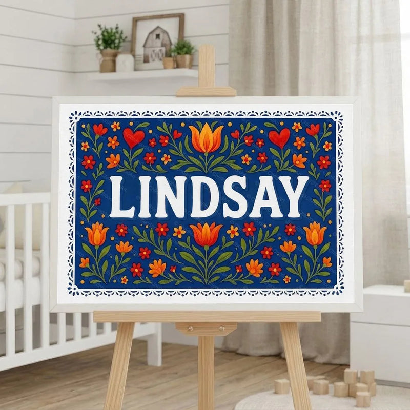 Lindsay Name Art - Floral Farmhouse personalized wall print for kids