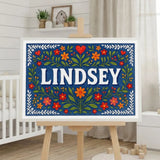 Lindsey Name Art - Floral Farmhouse personalized wall print for kids