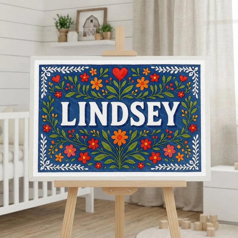 Lindsey Name Art - Floral Farmhouse personalized wall print for kids