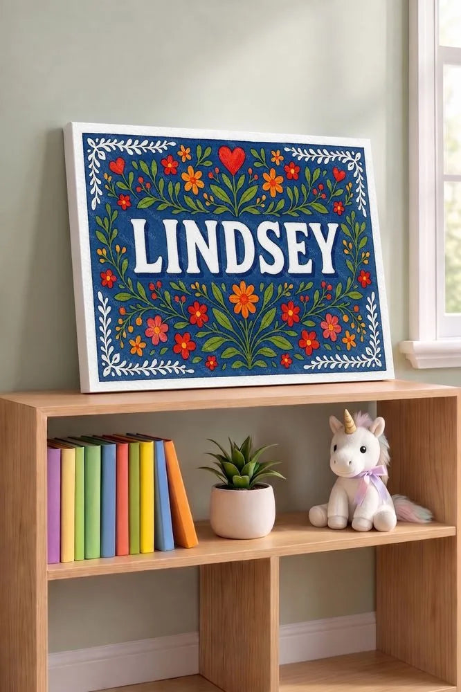 Lindsey Name Art - Floral Farmhouse personalized wall print for kids
