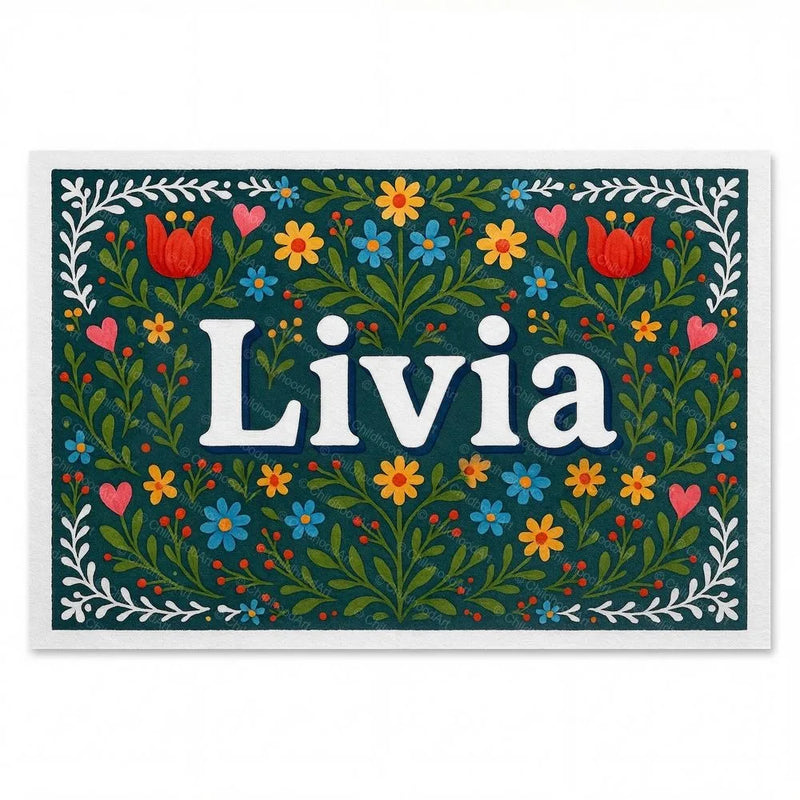 Livia Name Art - Floral Farmhouse personalized wall print for kids